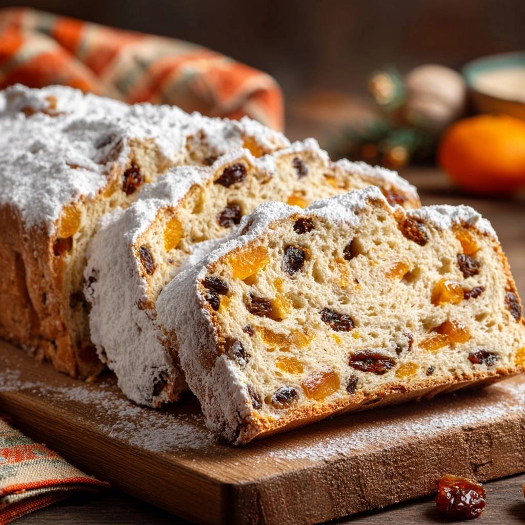 Saftiger Christstollen angeschnitten mit Puderzucker und sichtbaren Früchten, ein Rezept ohne sinkende Früchte.