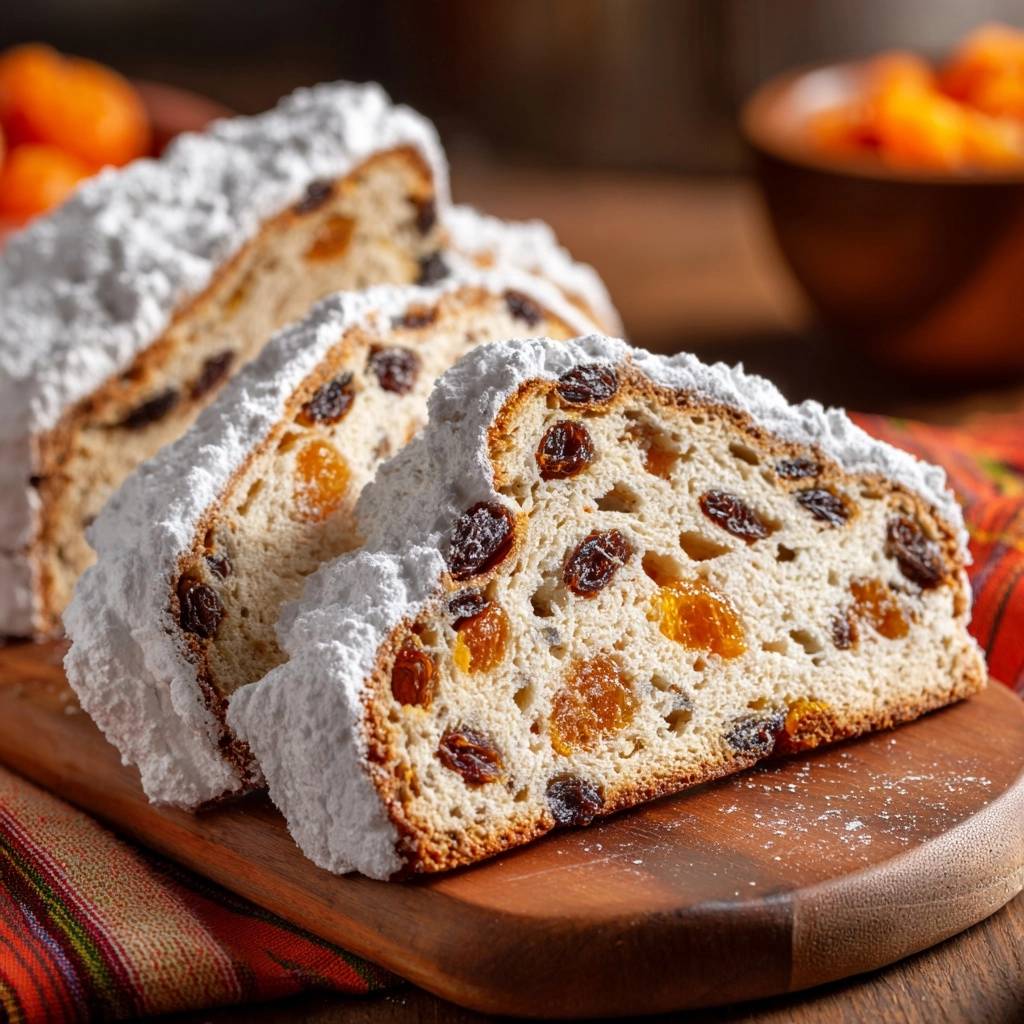 Saftiger Christstollen angeschnitten mit Puderzucker bestäubt und sichtbaren Rosinen und kandierten Früchten im Inneren.