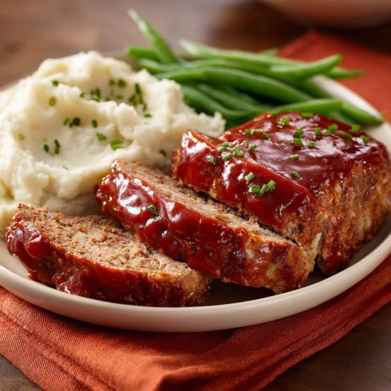 Saftiger Hackbraten mit Kartoffelbrei und grünen Bohnen, angeschnitten und mit einer roten Glasur garniert.