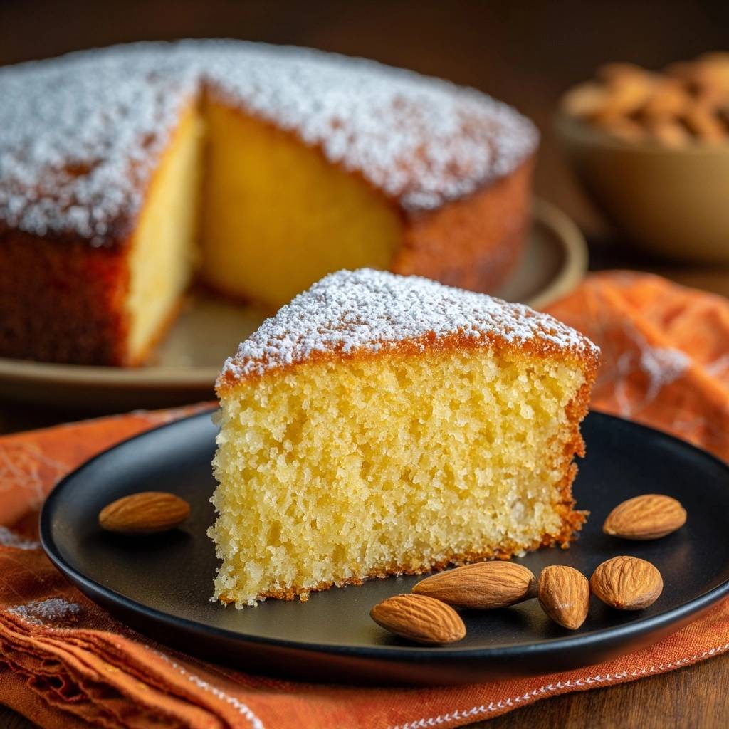 Saftiger Orangen-Mandelkuchen als angeschnittene Portion auf einem schwarzen Teller mit Mandeln dekoriert.