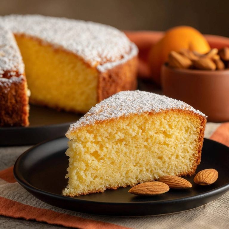 Saftiger Orangen-Mandelkuchen als Anschnitt auf einem schwarzen Teller mit Mandeln und Puderzucker bestäubt.