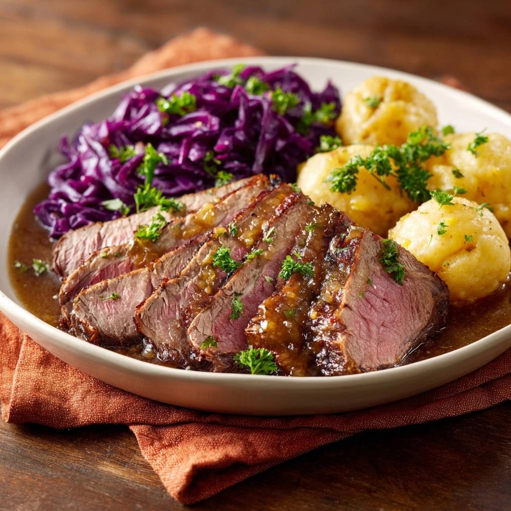 Saftiger Rinderbraten mit Rotkohl und Petersilienkartoffeln, angeschnitten und mit Sauce serviert