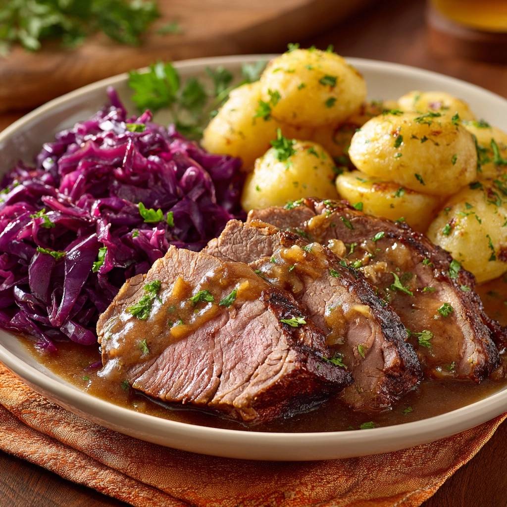 Saftiger Rinderbraten mit Rotkohl und Petersilienkartoffeln, eine Nahaufnahme des angeschnittenen Bratens mit Sauce und Beilagen.