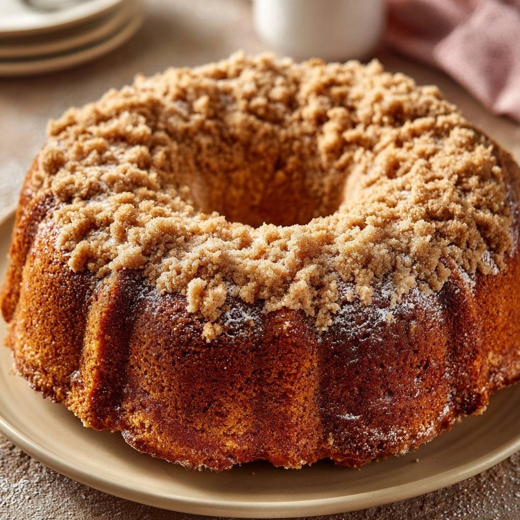 Saftiger Zimt-Streuselkuchen mit einer Nahaufnahme der knusprigen Zimt-Streusel-Decke, die den Kuchen bedeckt.