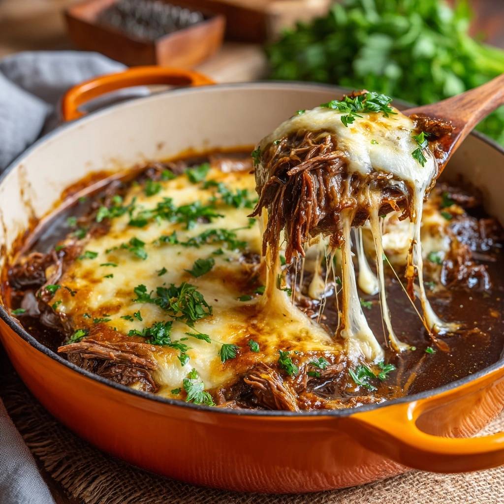Saftiges Pulled-Rindfleisch-Gratin mit geschmolzenem Käse, der von einem Holzlöffel gezogen wird, garniert mit Petersilie.