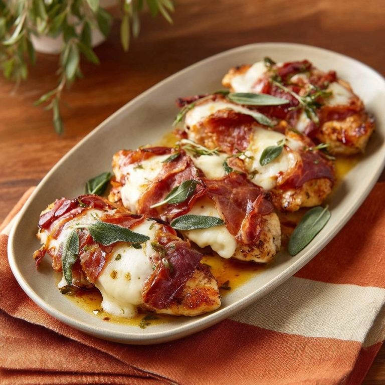 Saltimbocca vom Hähnchen mit Mozzarella, nahaufnahme der saftigen Hähnchenbrust mit geschmolzenem Käse und Prosciutto.