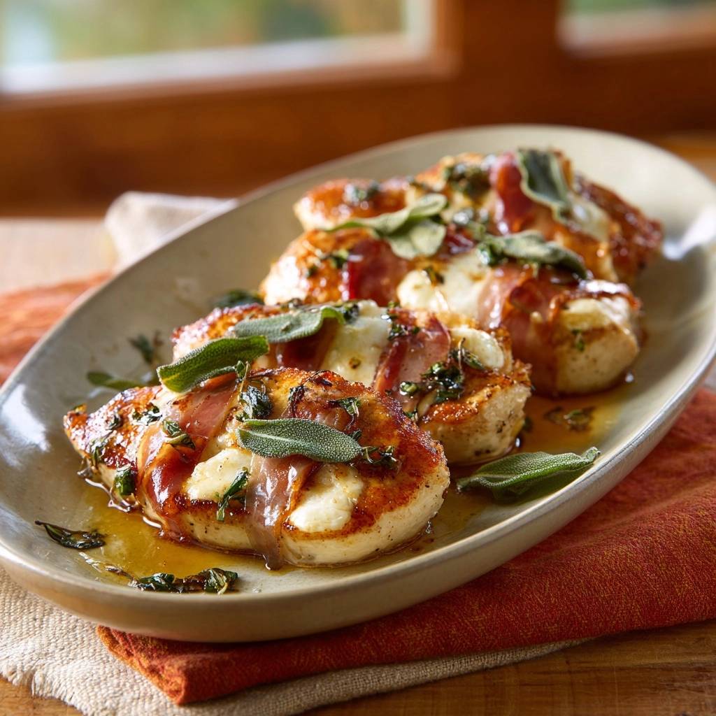 Saltimbocca vom Hähnchen mit Mozzarella, saftig und schnell, serviert auf einem ovalen Teller mit Kräutern und Schinken