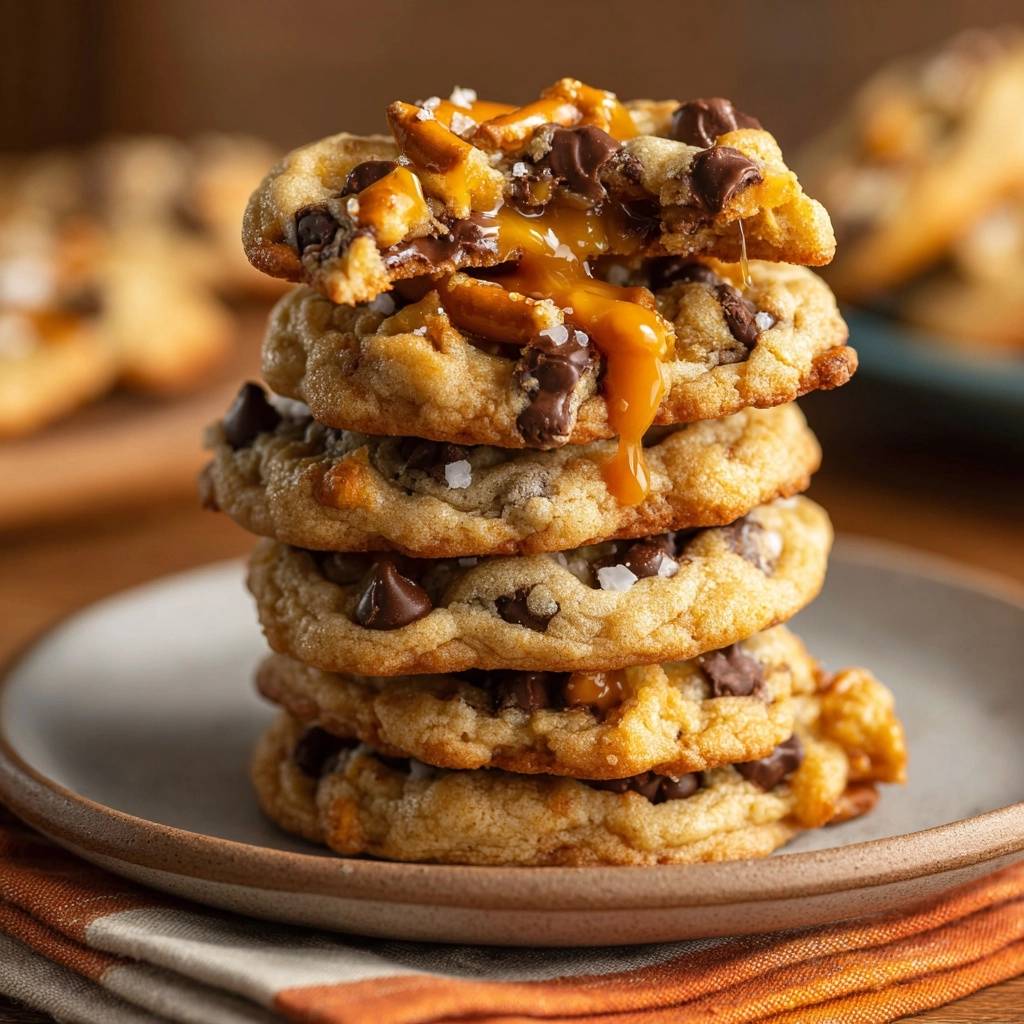Salzkaramell-Schoko-Pretzel-Cookies angeschnitten, die den geschmolzenen Karamellkern und Schokoladenstückchen zeigen.