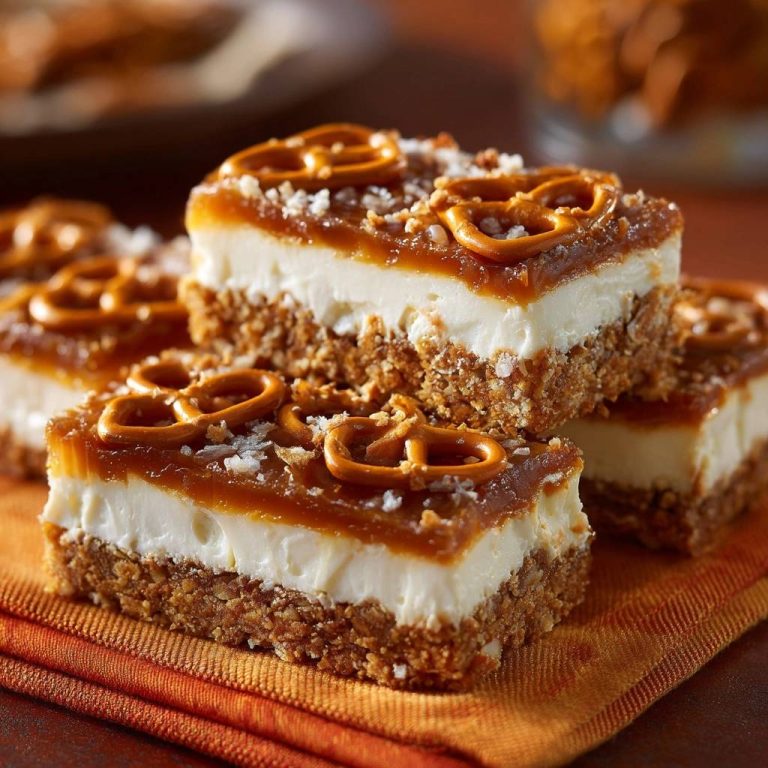 Salzkaramell-Brezel-Schnitten mit detaillierter Garnitur aus Mini-Brezeln und Karamell-Schicht, auf einem orangefarbenen Tuch serviert.