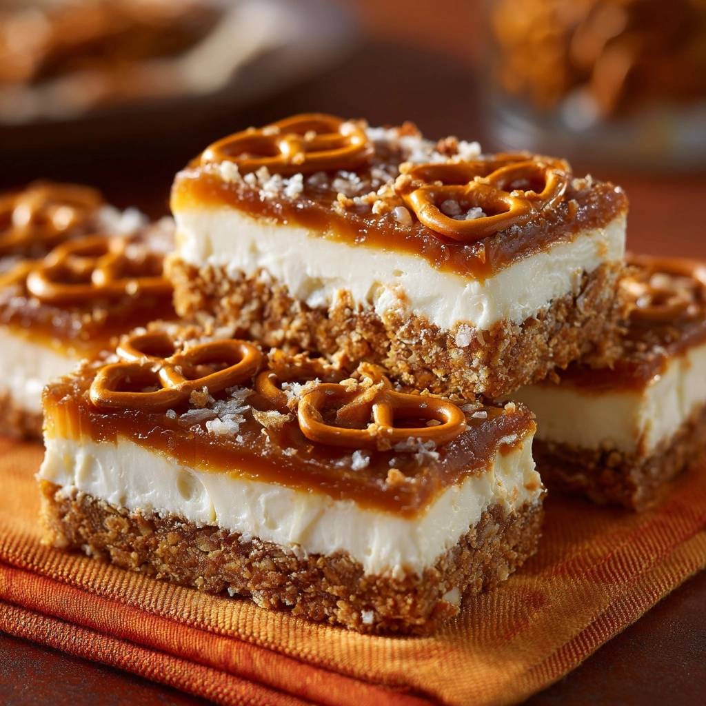Salzkaramell-Brezel-Schnitten mit detaillierter Garnitur aus Mini-Brezeln und Karamell-Schicht, auf einem orangefarbenen Tuch serviert.