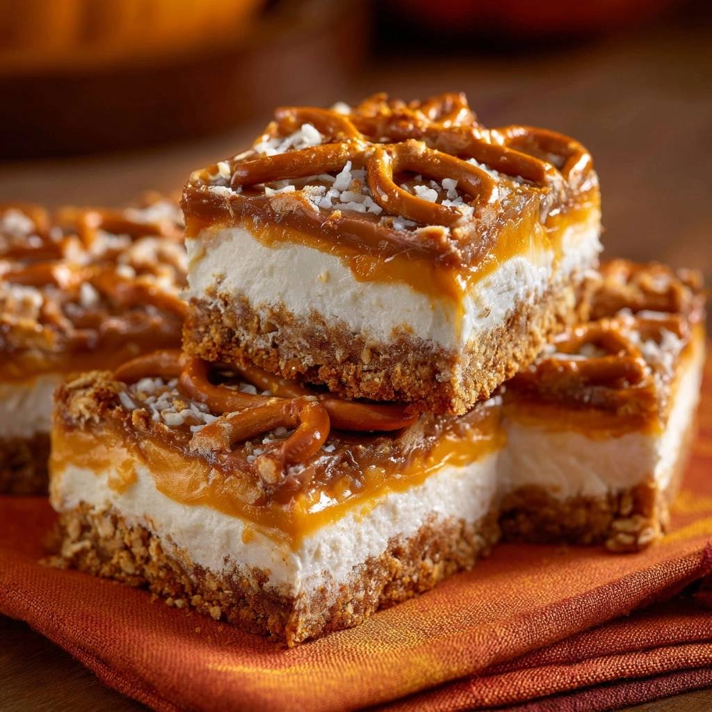 Salzkaramell-Brezel-Schnitten im Querschnitt mit salzig-süßer Karamellglasur und Brezel-Topping auf einem orangefarbenen Tuch.