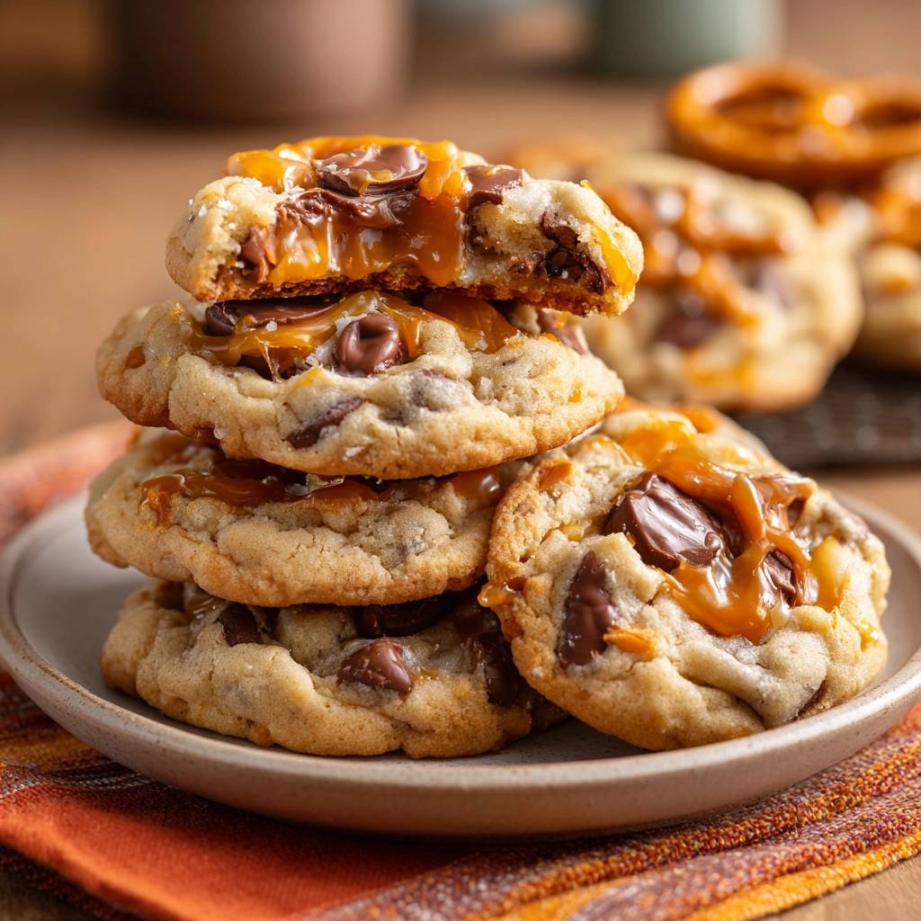 Salzkaramell-Schoko-Pretzel-Cookies angeschnitten, mit geschmolzenen Schokoladenstückchen und Karamellsauce, auf einem Teller gestapelt.
