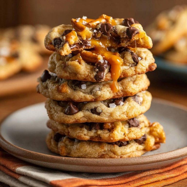 Salzkaramell-Schoko-Pretzel-Cookies angeschnitten mit flüssigem Karamell und Schokoladenstückchen, detailreiche Nahaufnahme.