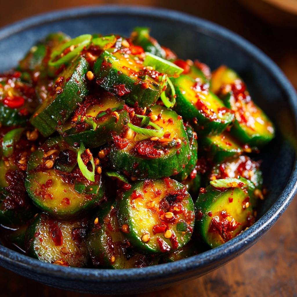 Scharfer asiatischer Gurkensalat als Nahaufnahme, angeschnittene Gurkenscheiben mit würziger Marinade und Frühlingszwiebeln.
