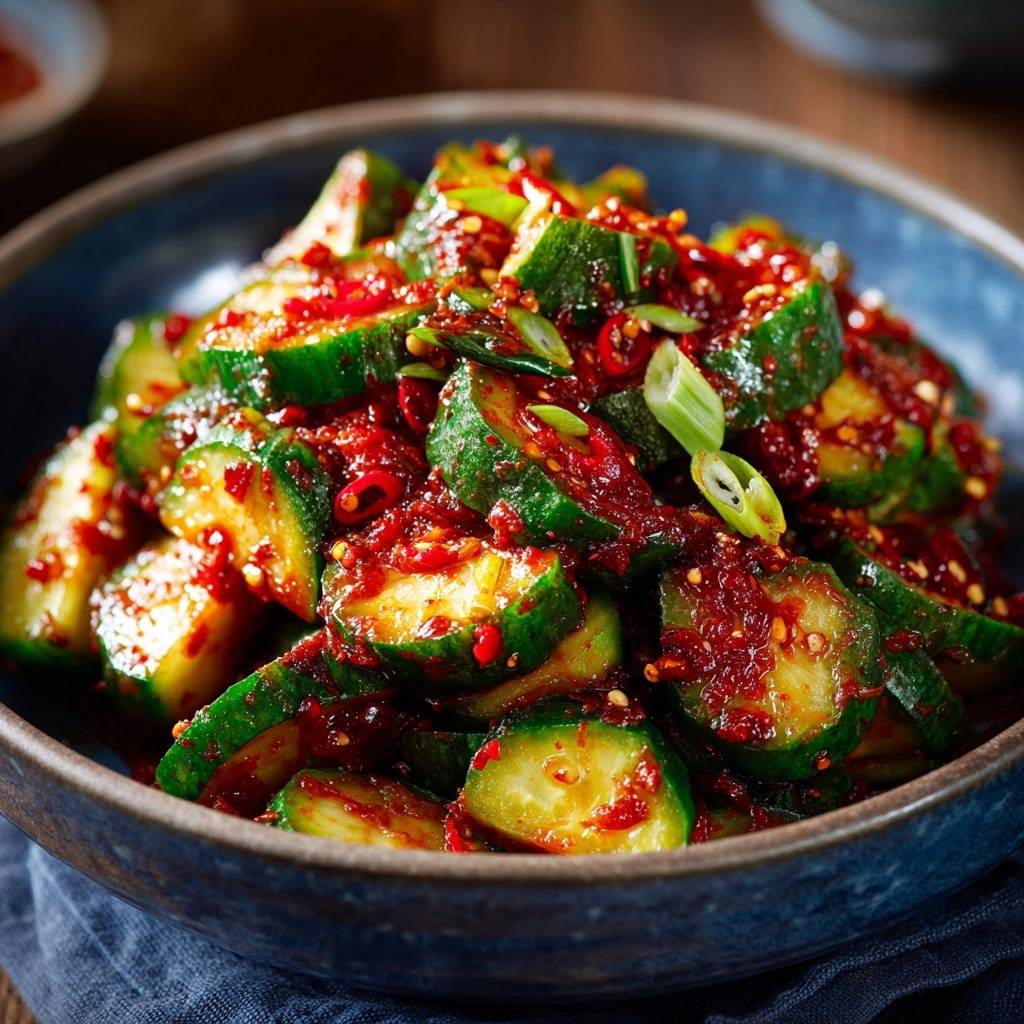 Scharfer asiatischer Gurkensalat, nahaufnahme der knackigen Gurkenscheiben mit würziger roter Soße und Frühlingszwiebeln.