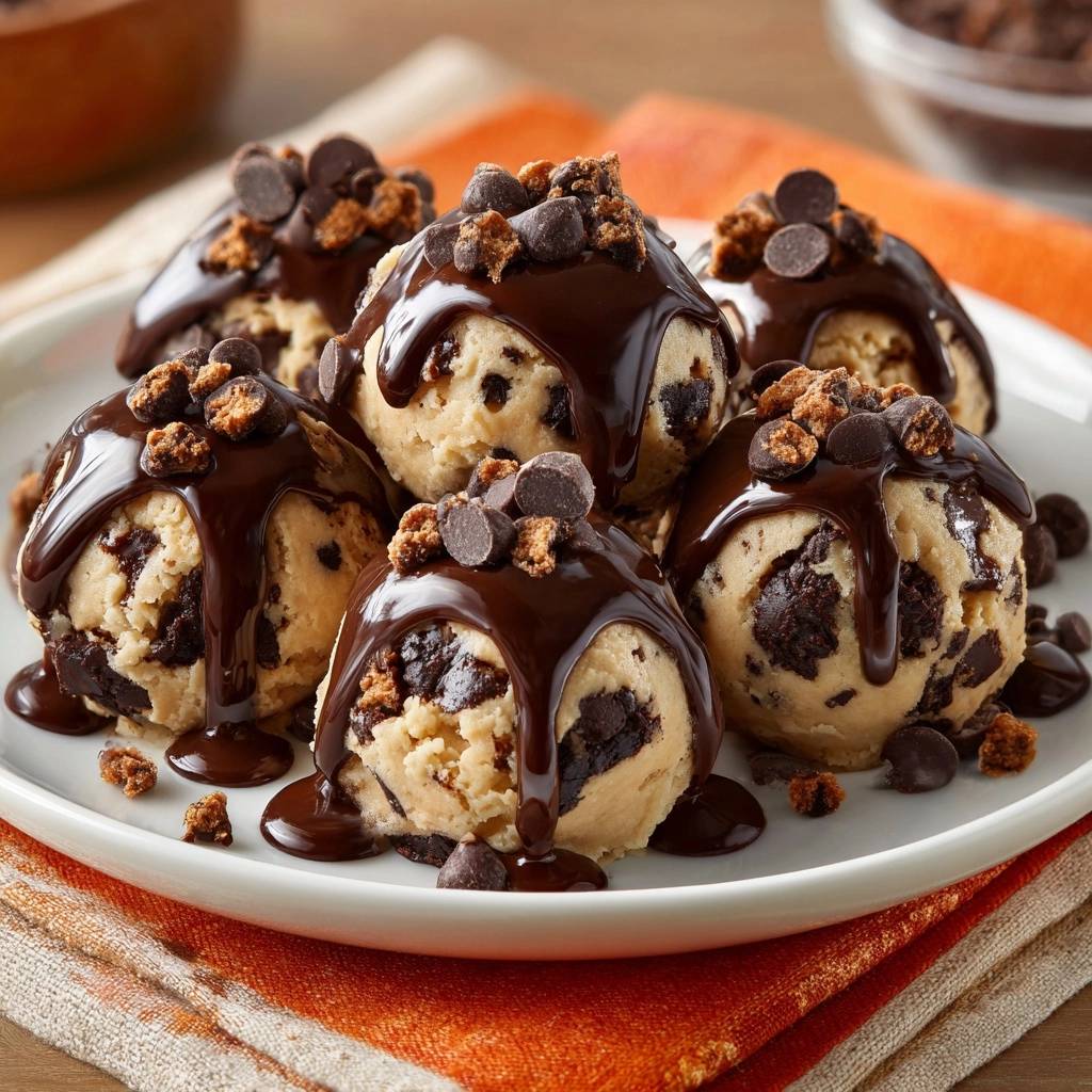 Schoko-Cookie-Dough-Bällchen, detailreich mit Schokoladensauce, Krümeln und Schokostückchen garniert.