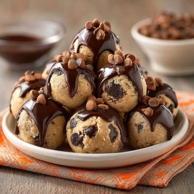 Schoko-Cookie-Dough-Bällchen sind mit Schokoladenglasur und Schokostückchen auf einem Teller garniert.