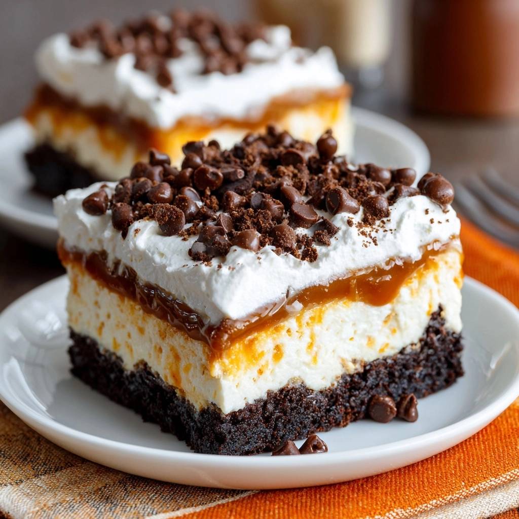 Schoko-Karamell-Cheesecake-Schnitten mit Schichten von Schokoboden, Käsekuchencreme und Karamell, nahaufnahme des Anschnitts mit Schokostückchen.