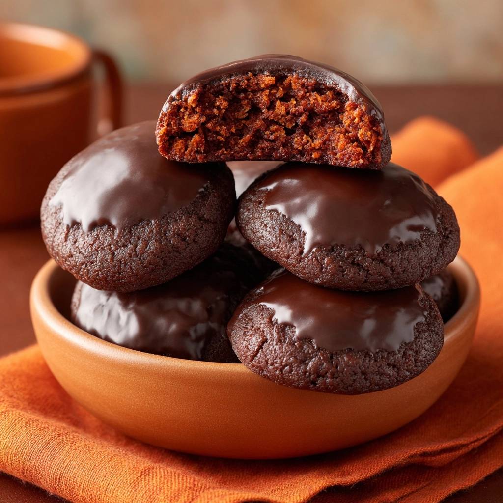 Schoko-Karottenkuchen Bites angeschnitten mit glänzender Schokoladenglasur, innen saftig und locker