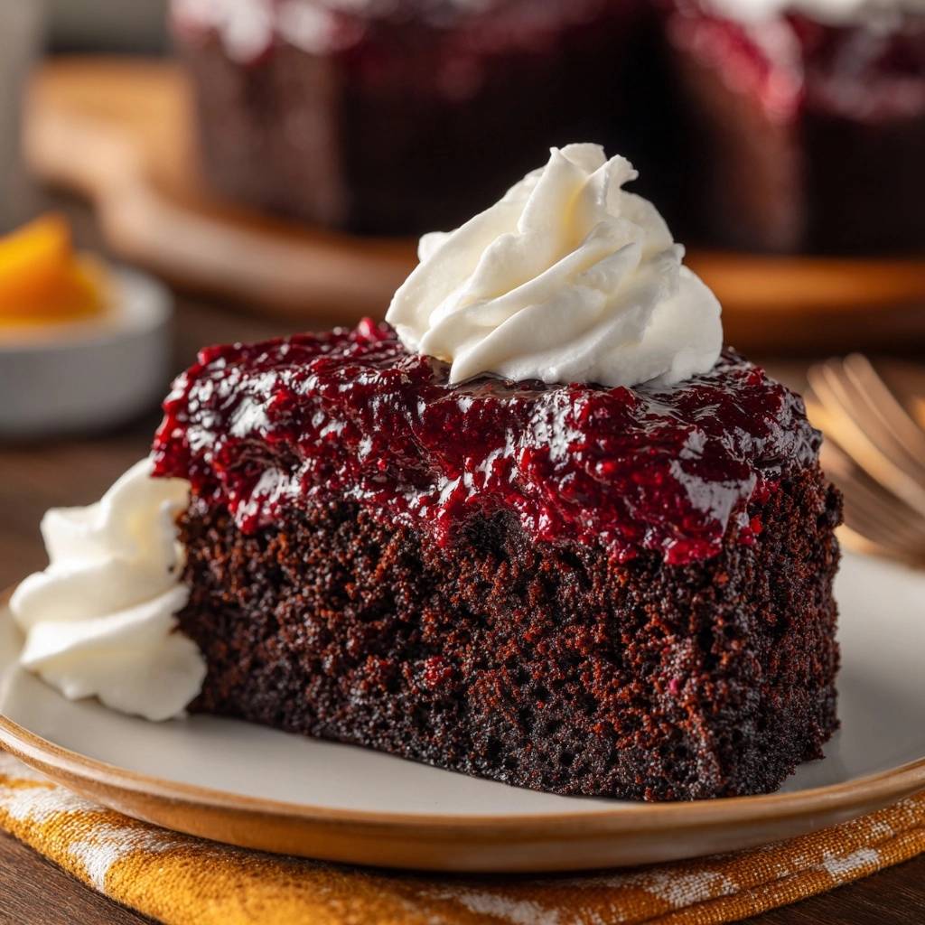 Saftiger Schokoladen-Beeren-Kuchen angeschnitten auf einem Teller mit Sahnetupfern und Beerensoße, serviert als einzelnes Stück.