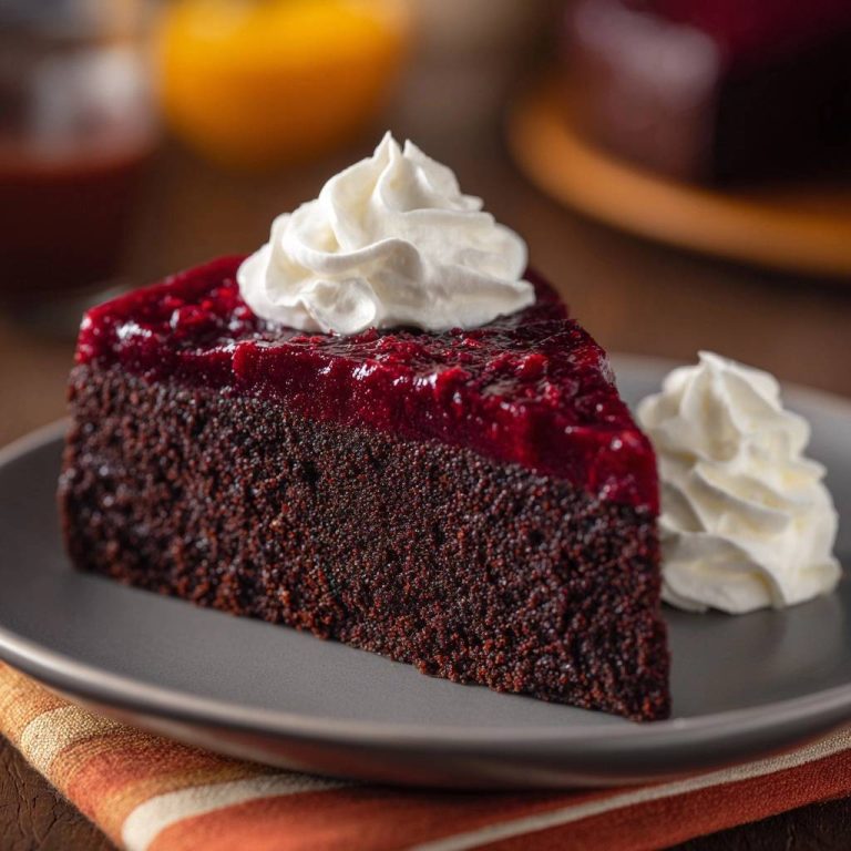 Saftiger Schokoladen-Beeren-Kuchen als angeschnittene Portion mit Sahnetupfer und Beerensoße auf einem Teller.