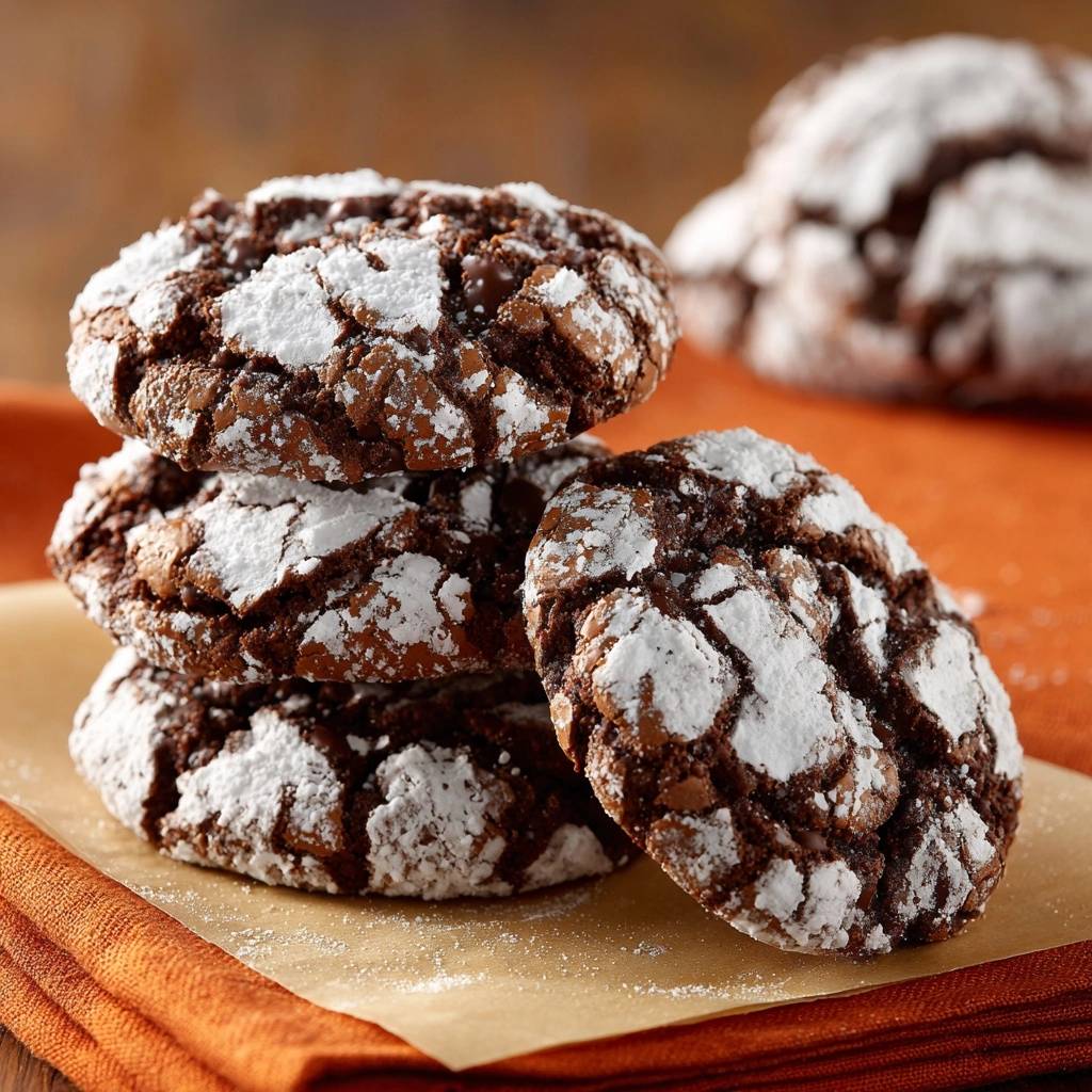 Schokoladen-Crinkle-Cookies, die zu einem Stapel auf einem orangefarbenen Tuch mit Puderzucker bedeckt sind.