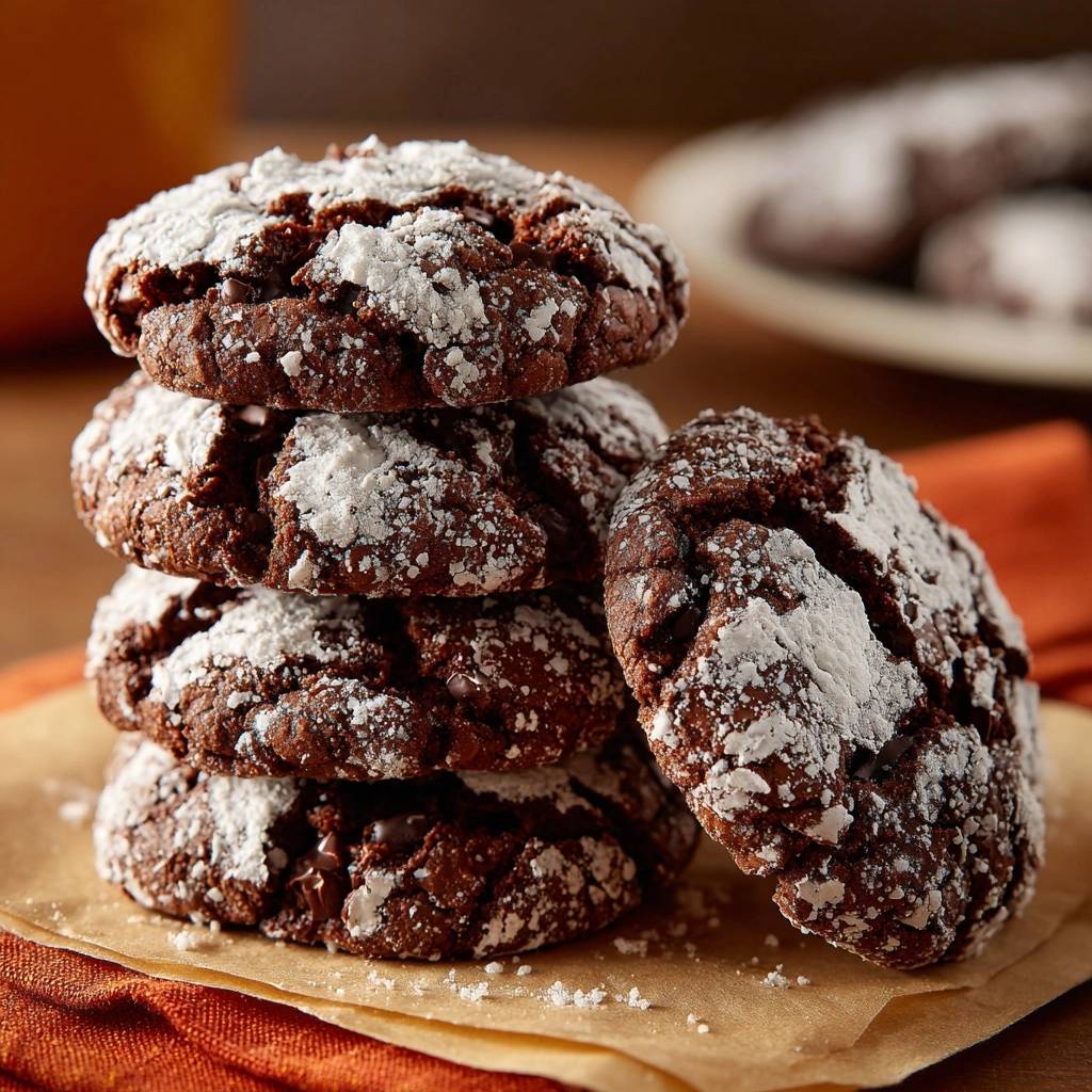Schokoladen-Crinkle-Cookies, ein Stapel von fünf mit Puderzucker bestäubten Keksen, die auf Backpapier liegen.