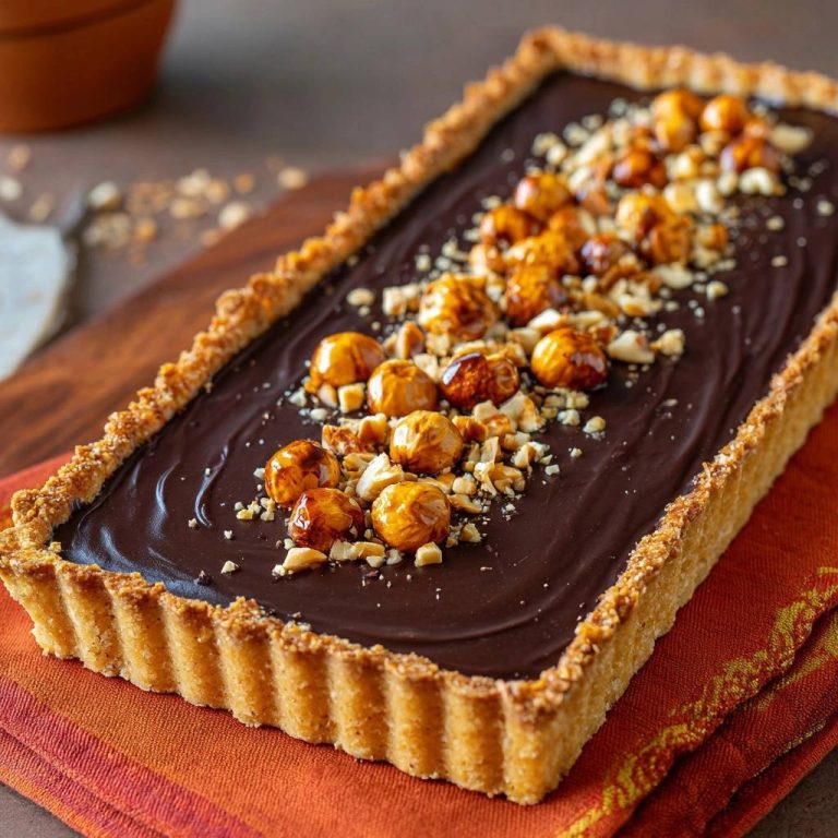 Schokoladen-Haselnuss-Tarte garniert mit ganzen und gehackten Haselnüssen auf einem orangen Tuch.