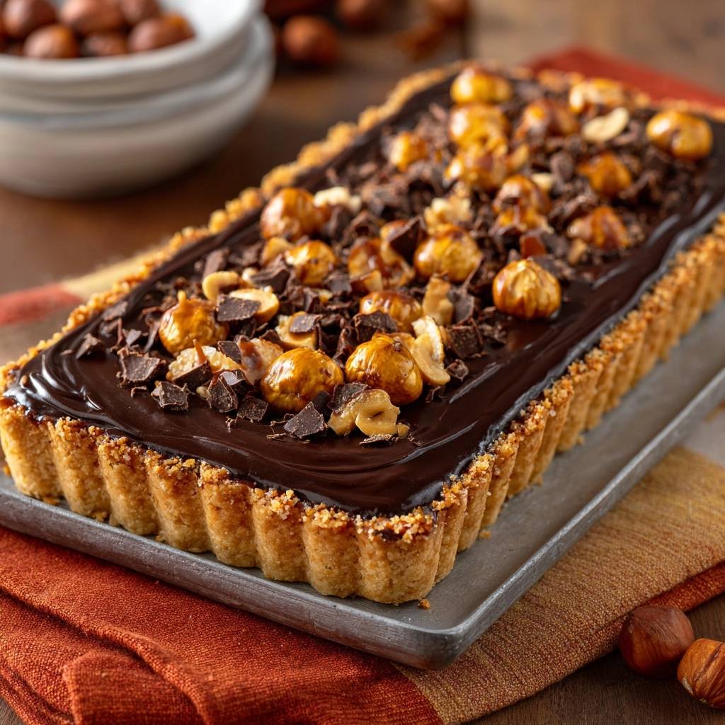 Schokoladen-Haselnuss-Tarte garniert mit ganzen und gehackten Haselnüssen und Schokoladenstückchen.