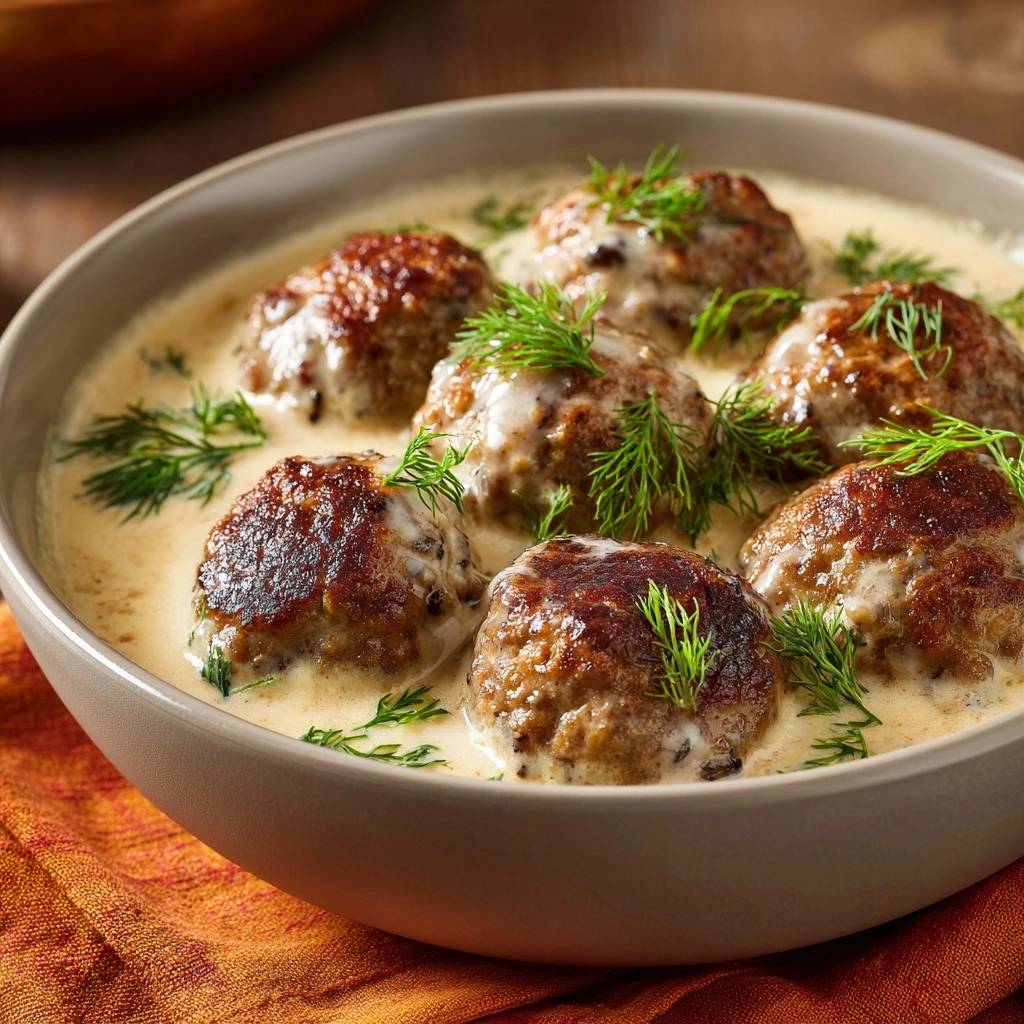 Schwedische Fleischbällchen in Dillrahmsauce in einer Schüssel, nahaufnahme mit frischem Dill garniert, serviert mit cremiger Sauce.
