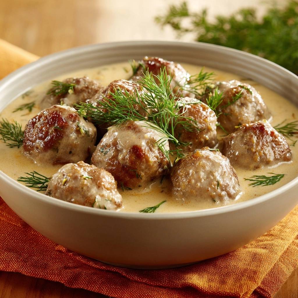 Schwedische Fleischbällchen in Dillrahmsauce, serviert in einer Schüssel mit frischem Dill garniert, Nahaufnahme