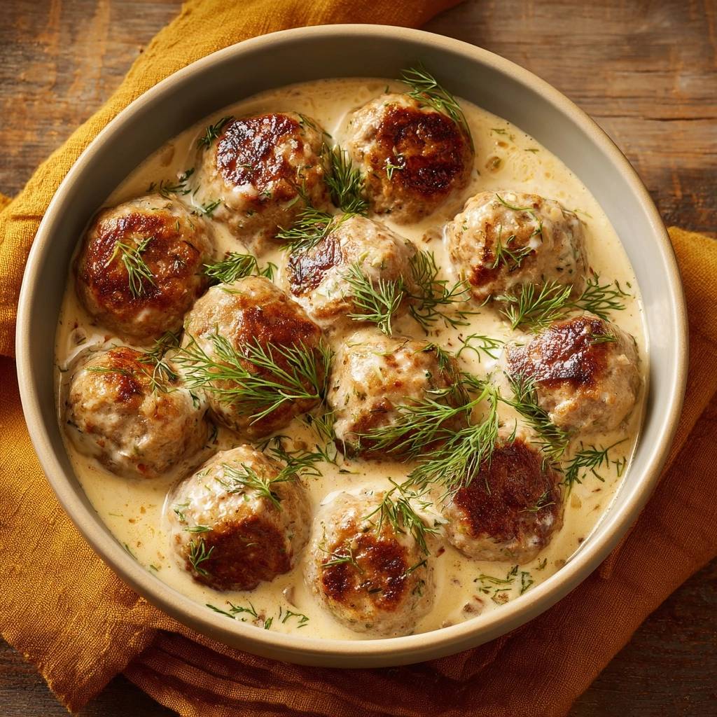 Schwedische Köttbullar in cremiger Dillsoße, serviert in einer Schüssel mit frischem Dill, von oben fotografiert.