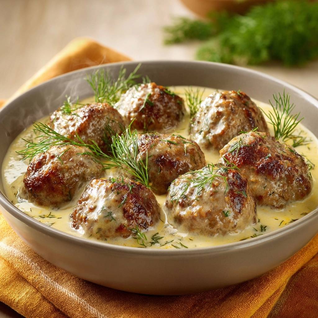 Schwedische Köttbullar in cremiger Dillsoße, eine Nahaufnahme von dampfenden Fleischbällchen in einer reichhaltigen Soße mit frischem Dill garniert.