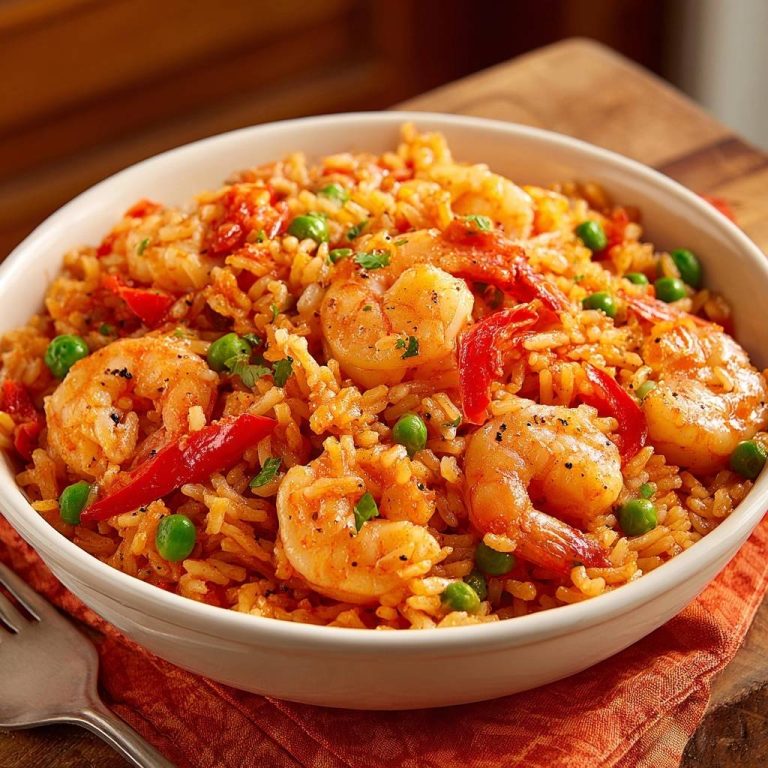 Spanischer Garnelenreis mit Erbsen und Paprika in einer Schüssel, detailreiche Nahaufnahme der Garnelen und des Reises.