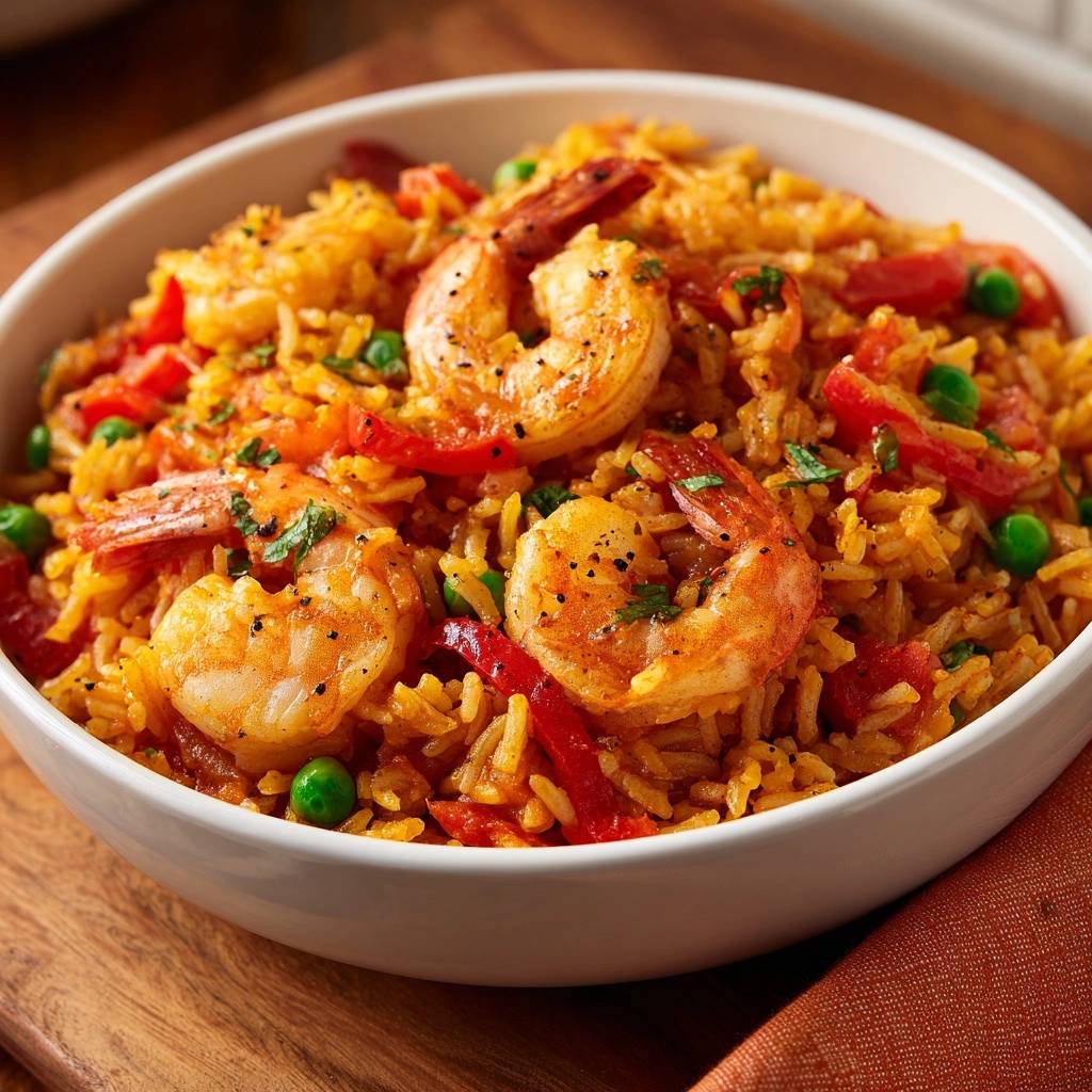Spanischer Garnelenreis fluffig ohne Matsch, eine Nahaufnahme mit Garnelen, Paprika und Erbsen in einer weißen Schüssel.