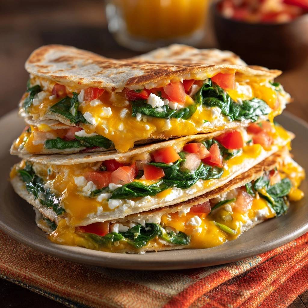 Cremig-knusprige Spinat-Feta-Quesadillas angeschnitten und gestapelt auf einem Teller, mit geschmolzenem Käse und frischen Tomaten.