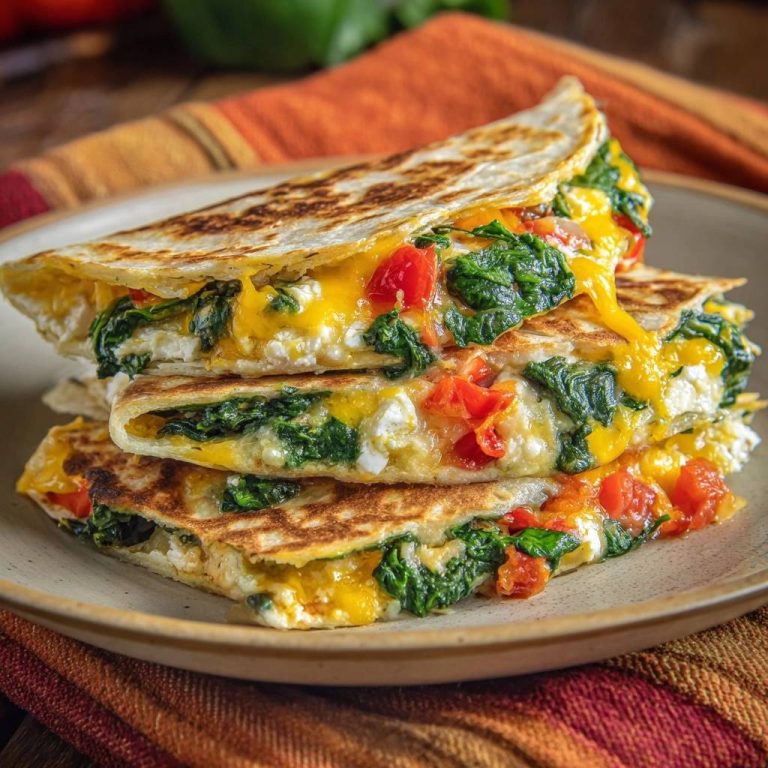 Cremig-knusprige Spinat-Feta-Quesadillas im Querschnitt mit geschmolzenem Käse und roten Tomaten.