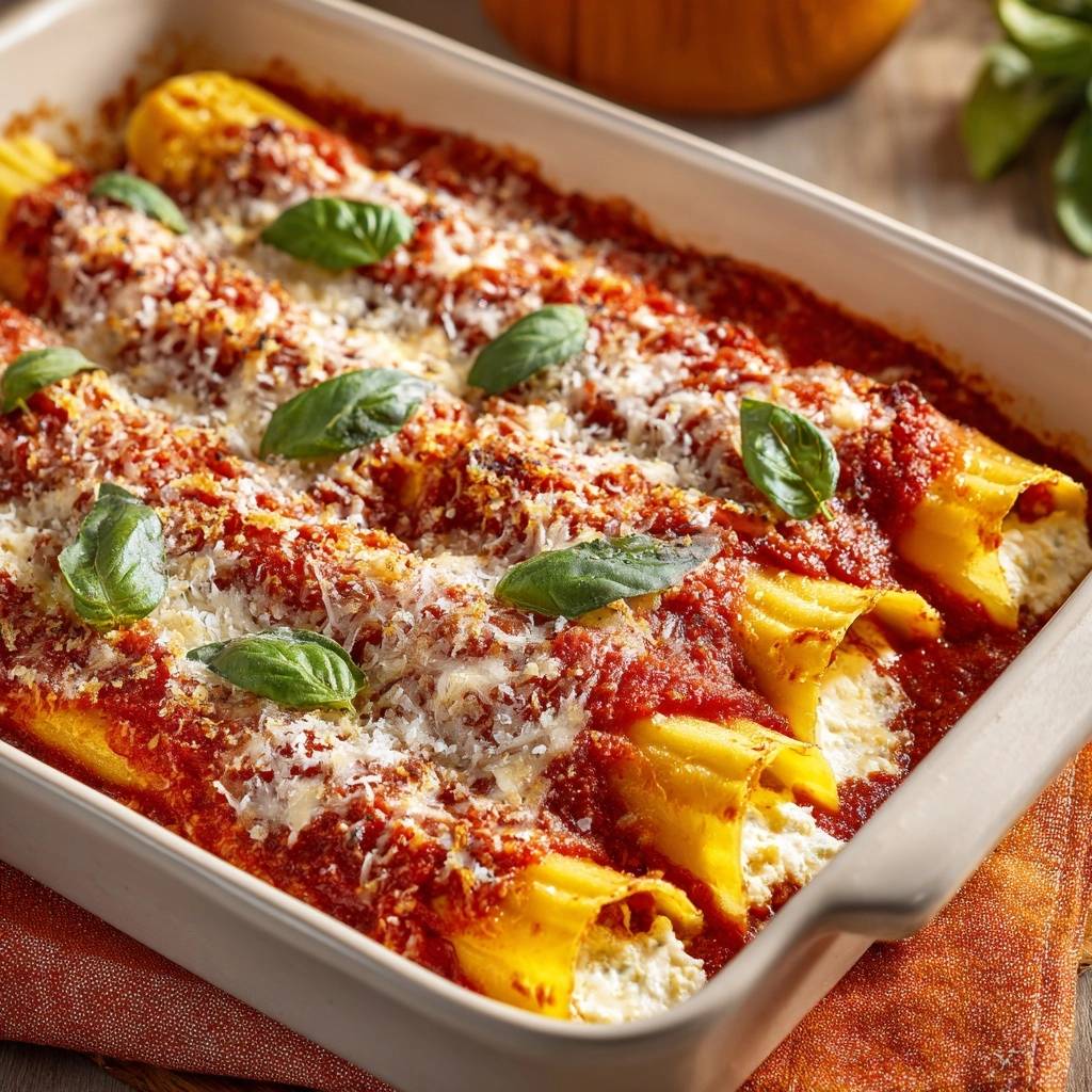 Spinat-Ricotta-Cannelloni mit Tomatensauce, Parmesan und frischen Basilikumblättern garniert, im Auflauf serviert.