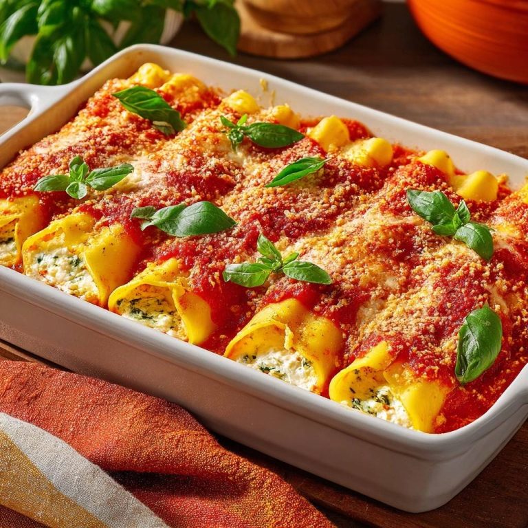 Spinat-Ricotta-Cannelloni frisch aus dem Ofen, mit Tomatensauce und Basilikum garniert in einer weißen Auflaufform.