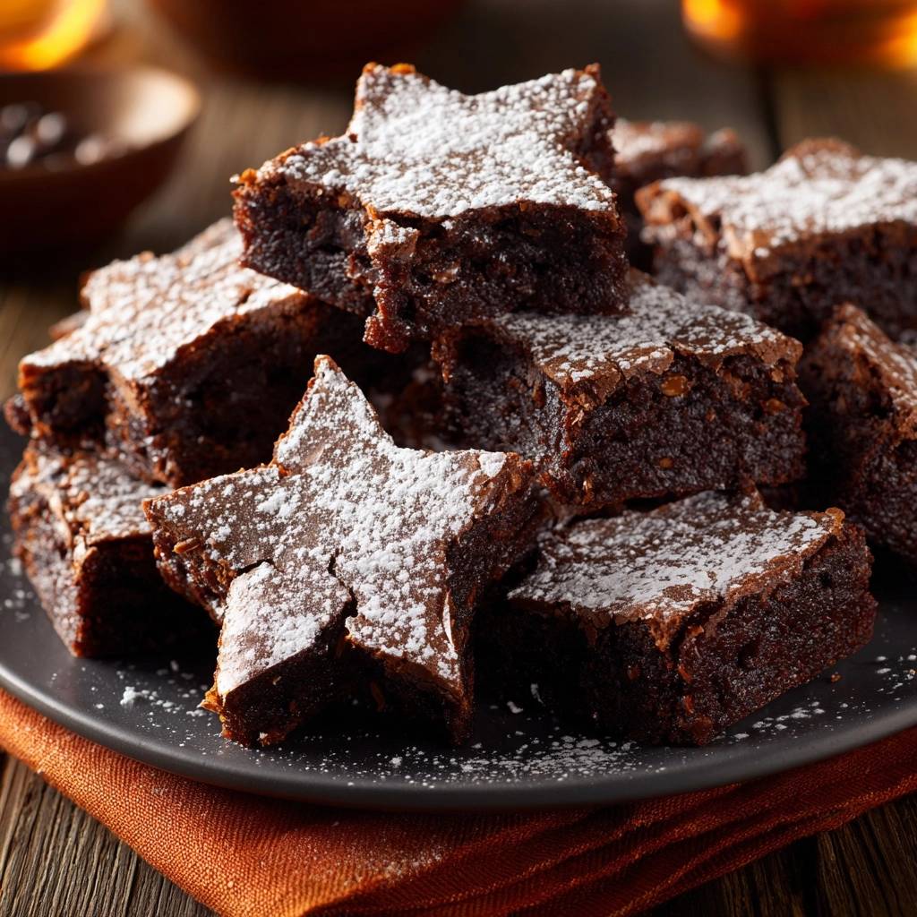 Sternförmige Nuss-Brownies mit Puderzucker bestäubt, nahaufnahme der Oberfläche und Textur