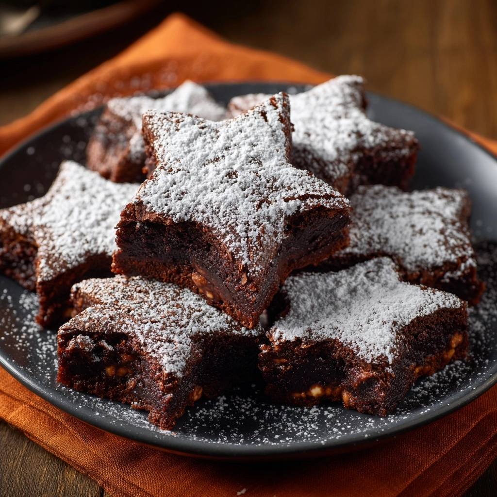 Sternförmige Nuss-Brownies mit Puderzucker bestäubt, nahaufnahme der saftigen und festlichen Süßspeisen auf einem Teller.