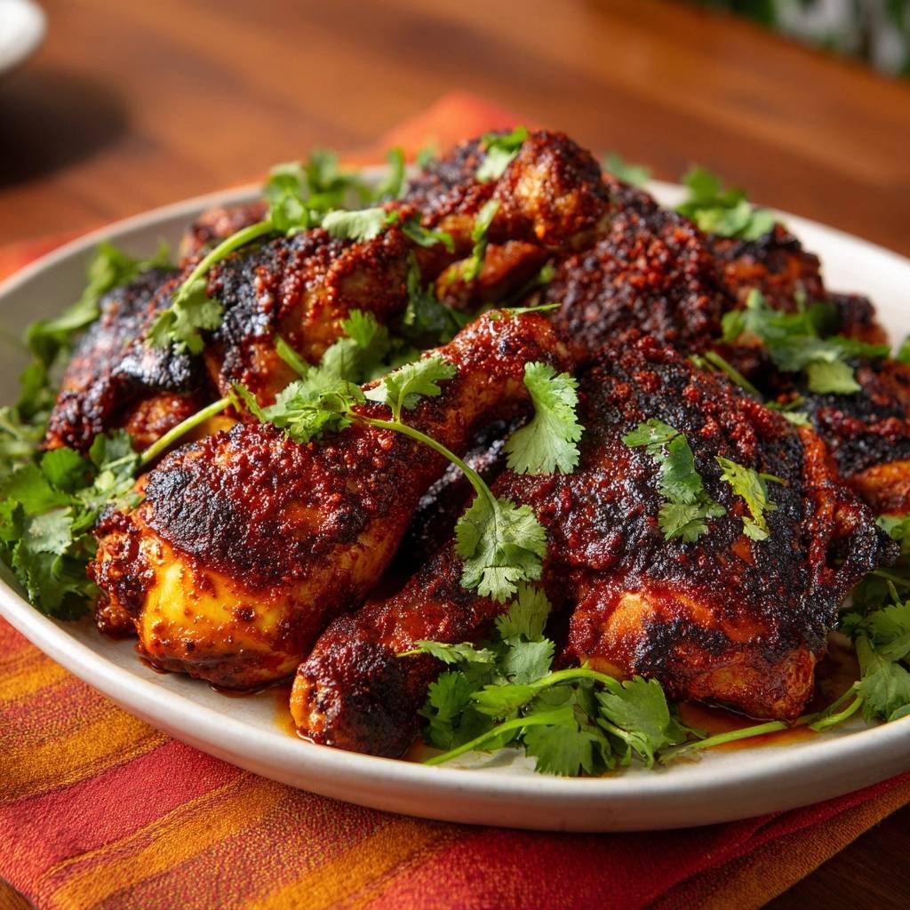 Sticky spicy Hähnchenschenkel, serviert auf einem Teller und garniert mit frischem Koriander, zeigen die appetitliche rote Gewürzkruste.