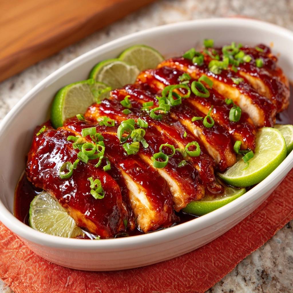 Teriyaki-Limetten-Hähnchen angeschnitten und mit Frühlingszwiebeln und Limettenspalten garniert in einer weißen Schüssel serviert.