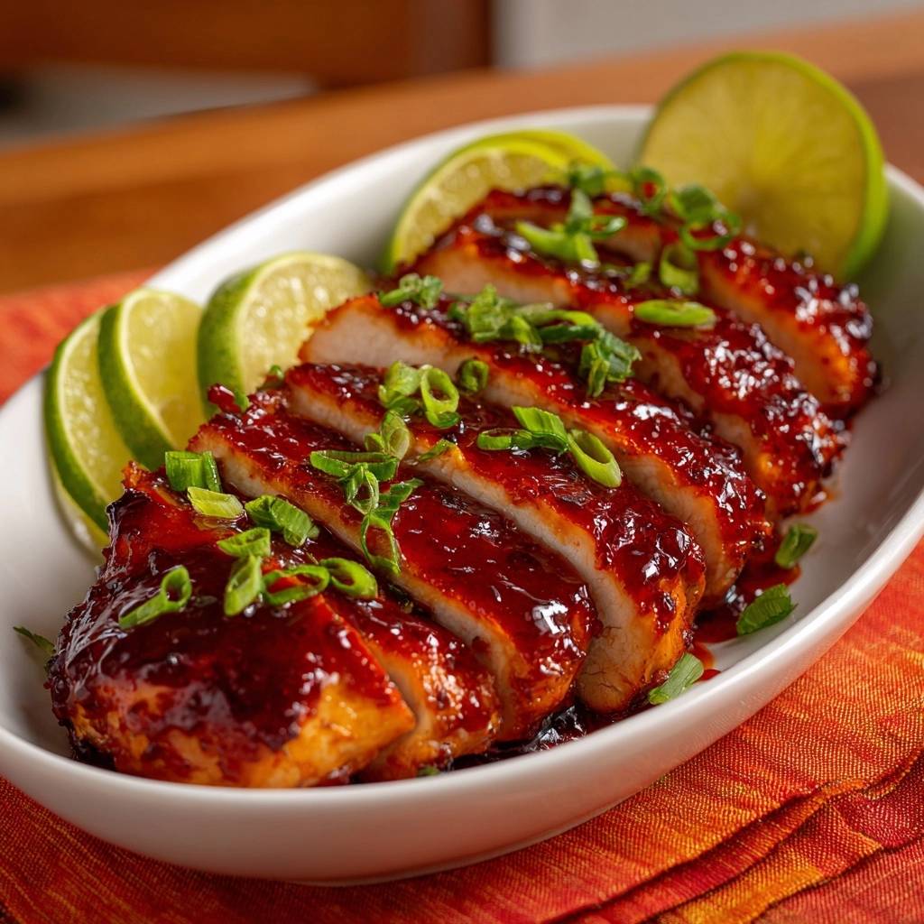 Teriyaki-Limetten-Hähnchen angeschnitten mit frischer Limette und Frühlingszwiebeln garniert auf einem Teller serviert.