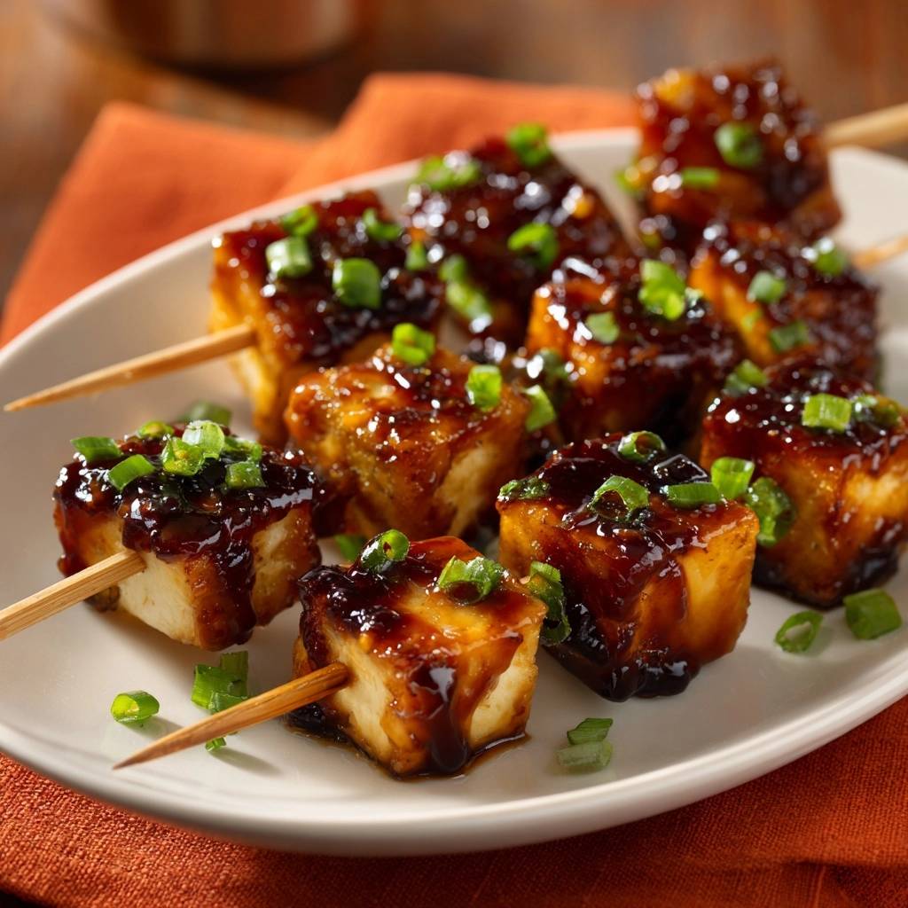 Teriyaki-Tofu-Spieße, knackig und saftig, mit glänzendem Teriyaki-Glanz und frischen Frühlingszwiebeln garniert, detailreiche Nahaufnahme.