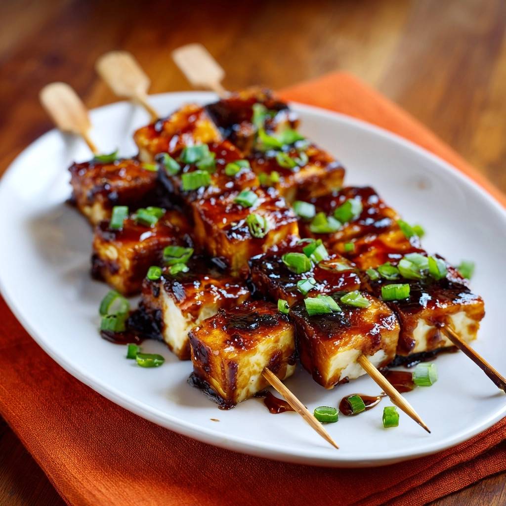 Teriyaki-Tofu-Spieße, knusprig und saftig, mit Frühlingszwiebeln garniert und auf einem weißen Teller serviert.