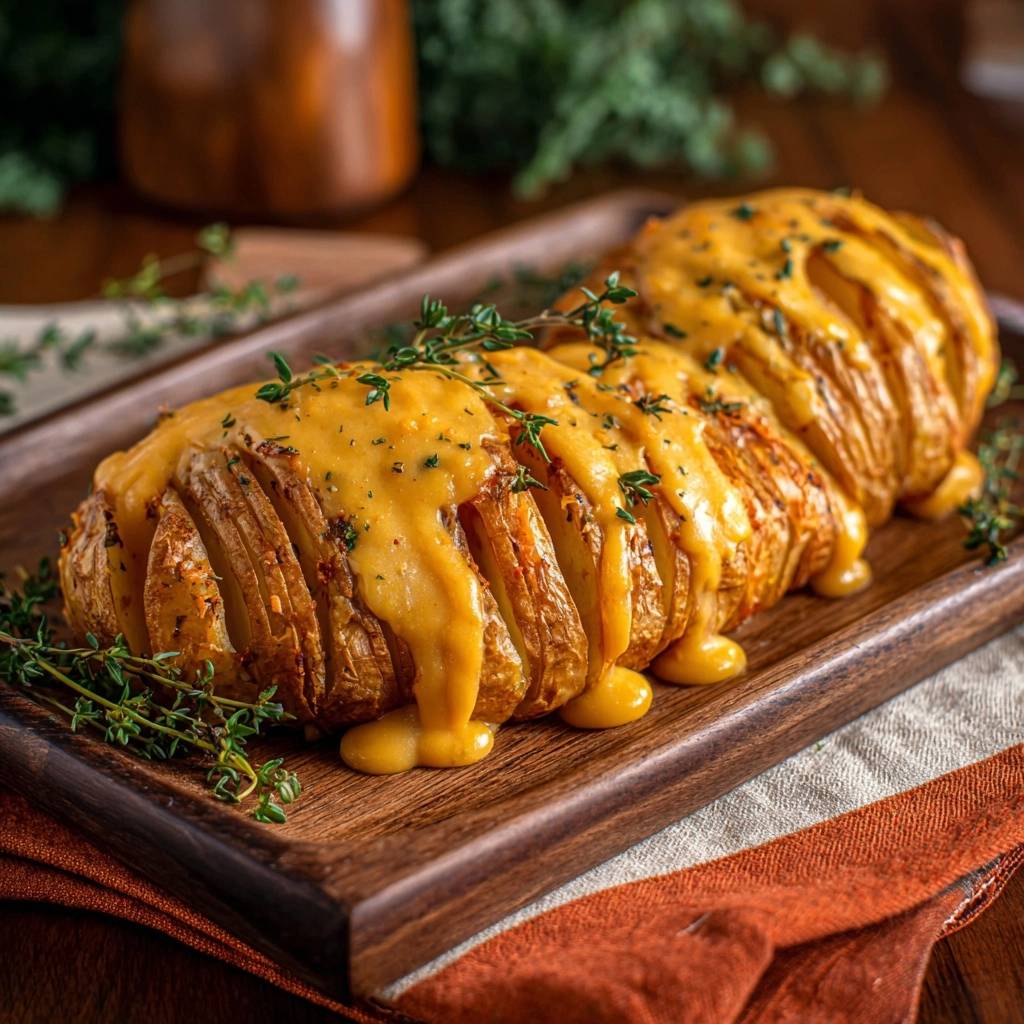 Thymian-Kartoffelgratin mit Käse, serviert auf einem Holzbrett und mit frischem Thymian garniert, zeigt die geschichtete Kartoffelstruktur.