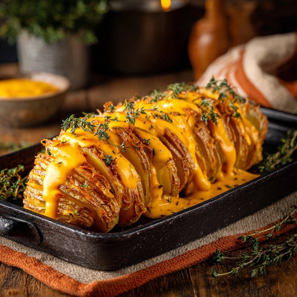 Thymian-Kartoffelgratin mit Käse, nahaufnahme des überbackenen Gratins mit geschmolzenem Käse und Thymian garniert