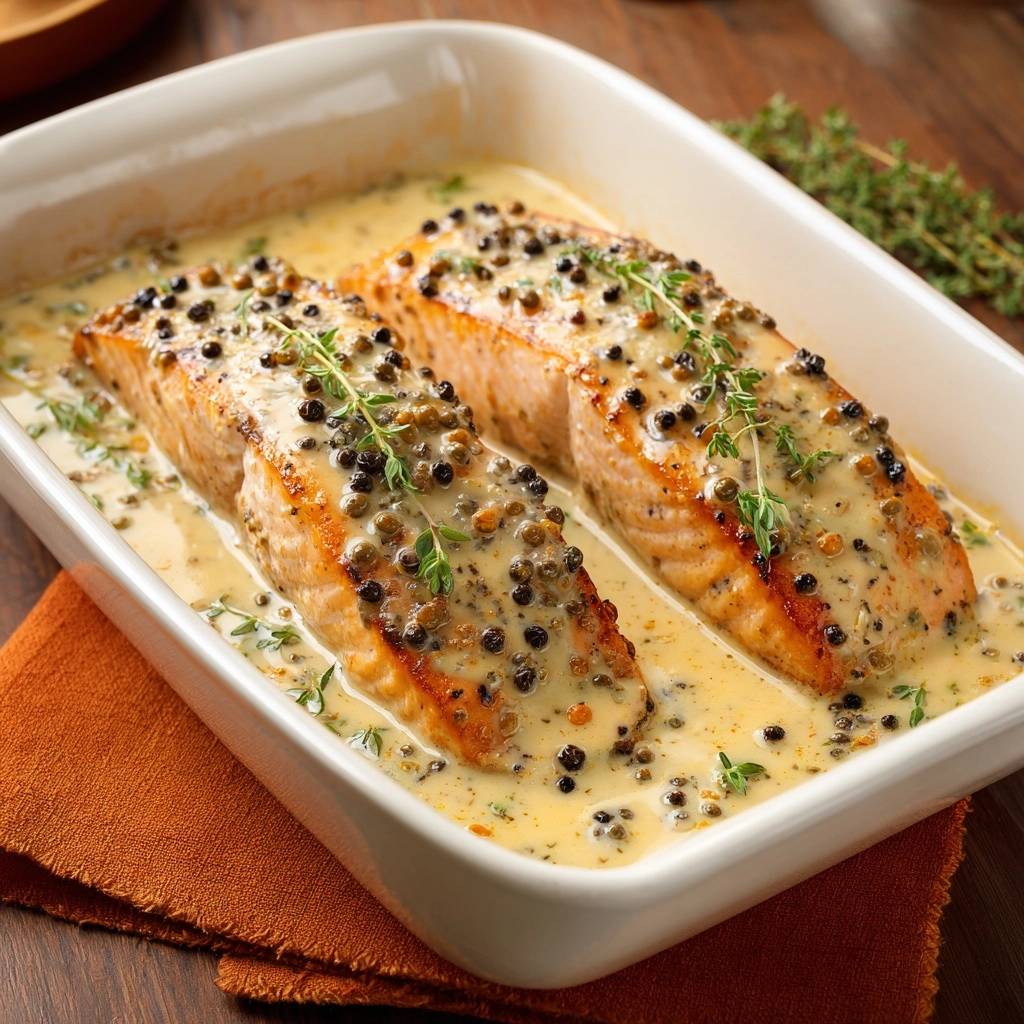 Saftiger Thymian-Lachs aus dem Ofen mit einer cremigen Sauce und Pfefferkörnern, nahaufnahme