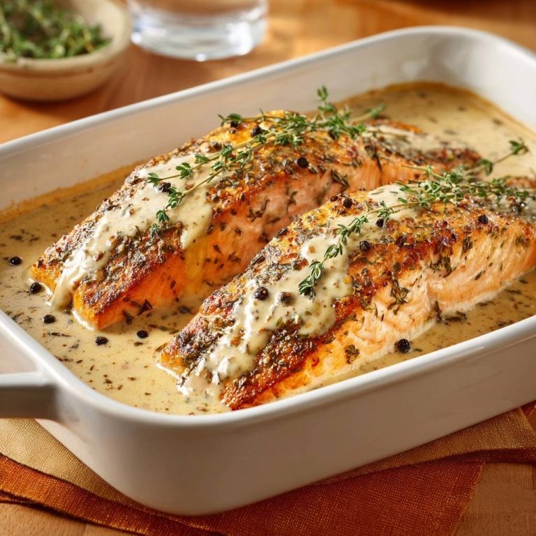 Saftiger Thymian-Lachs aus dem Ofen, nahaufnahme der cremigen Sauce und Kräuter garnitur